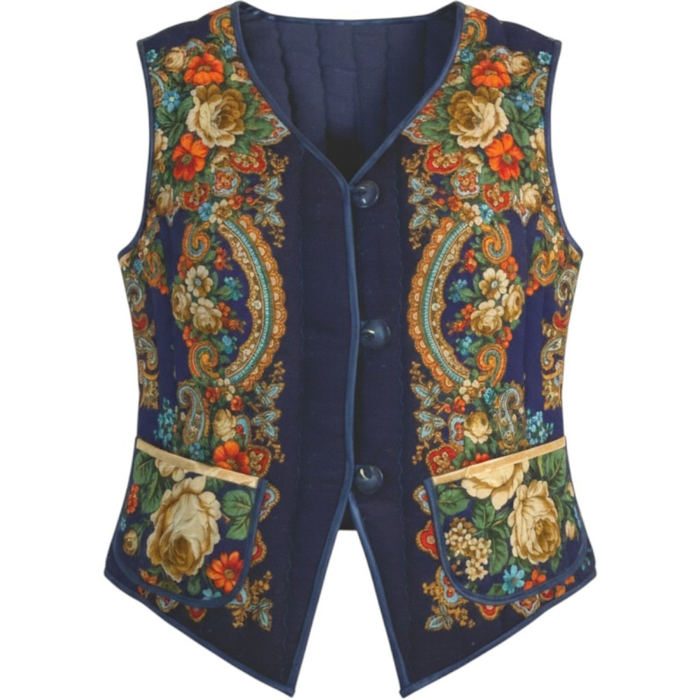 Vintage Floral Paisley Quilted Vest Blue Boho Folk Art Tapestry Handmade Small